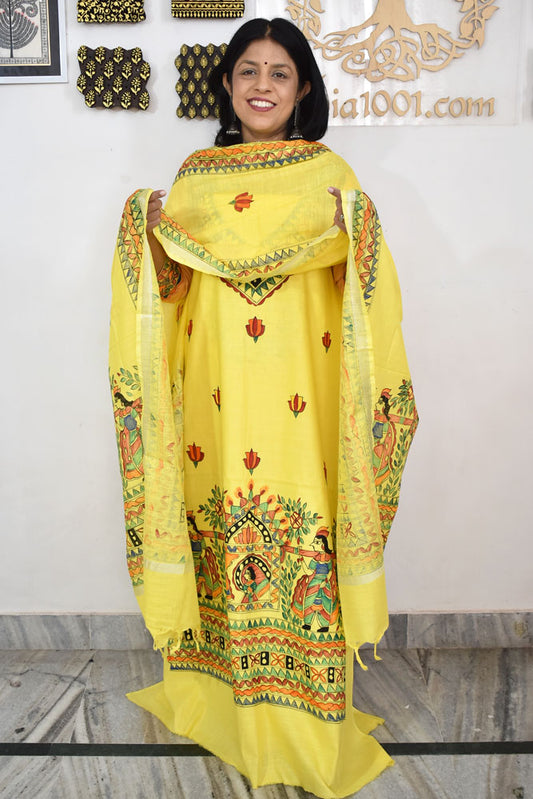 Slub Cotton suit with Hand Painted Madhubani Art patterns