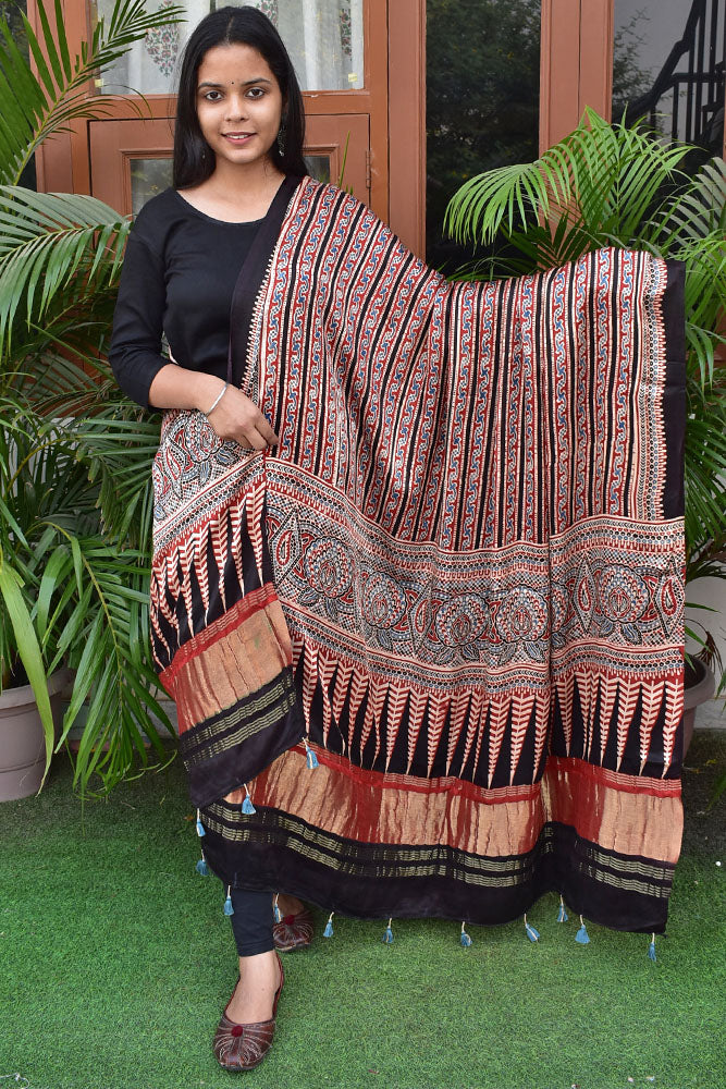 Elegant Modal Silk Ajrakh Block Print Dupatta with zari lagdi patta palla & Tassels