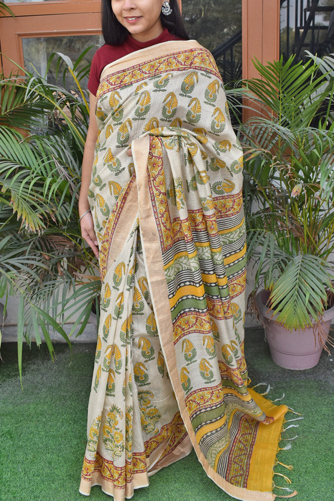 Elegant Hand  Block Printed Moonga Tussar Silk Saree