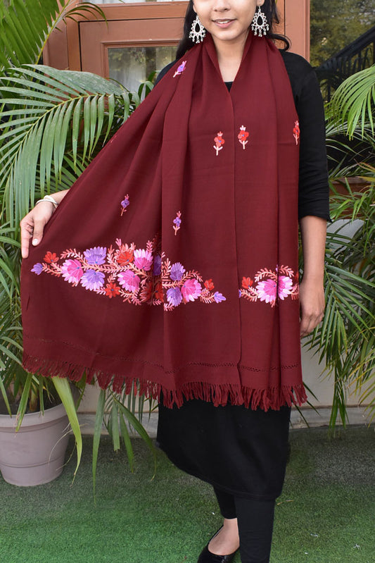 Elegant, Fine & Soft Semi Pashmina Woolen Stole with Aari work Embroidery