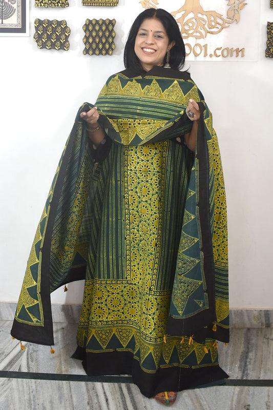 Designer Ajrakh Cotton kurta with  panel design & Cotton dupatta - 3 piece set