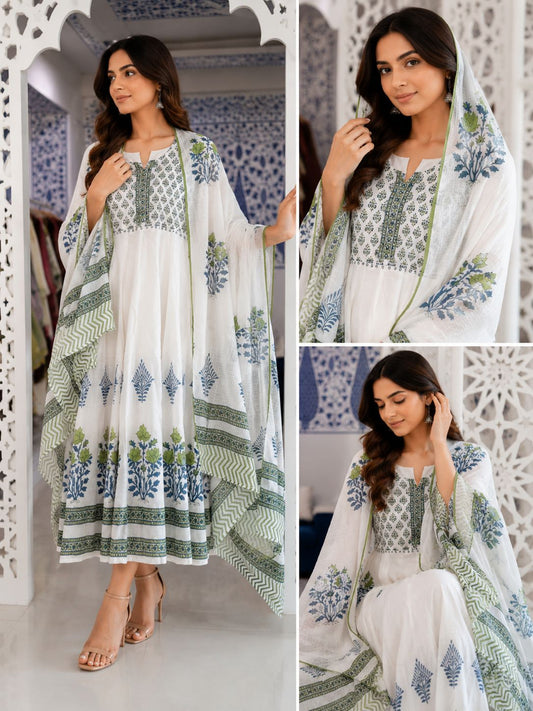 Beautiful Block Printed Cotton suit with Hand Embroidery - Kurta , Cotton Dupatta & Pant - size  38, 40, 42, 44, 46