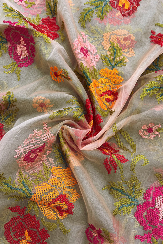 Elegant Peach Organza dupatta with All over Cross Stitch Embroidery