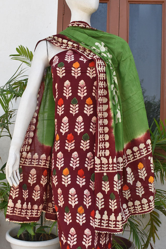Wax Batik Work Cotton Unstitched Suit Fabric with foil mirror, embroidery & Cotton dupatta