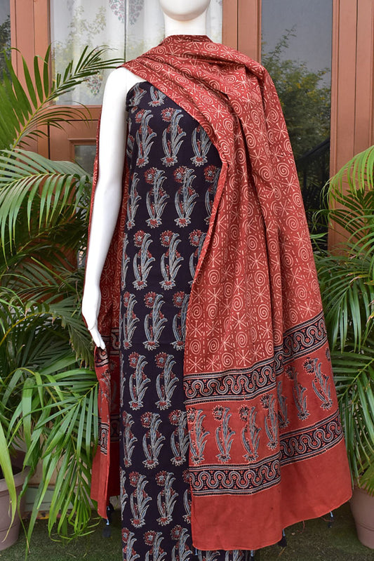 Beautiful Hand Block Printed Ajrakh Cotton Kurta fabric & Dupatta set