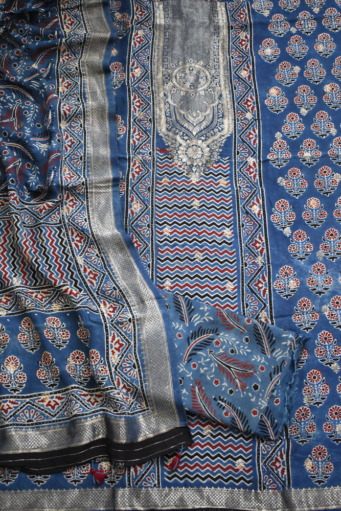 Designer Ajrakh Dola silk suit with woven bootis, neck pattern & borders - 3 pc suit