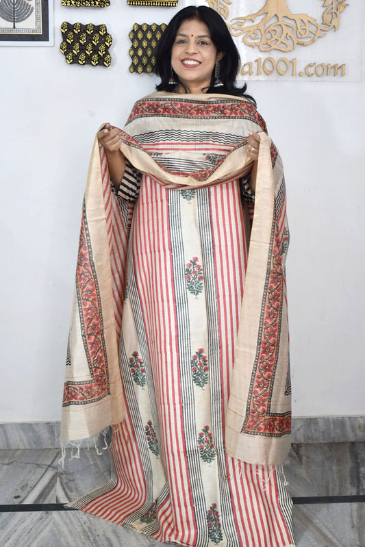 Elegant Hand Block printed Moonga Tussar Silk Kurta Dupatta Set