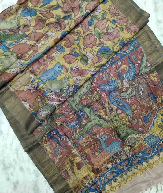 Pure Tussar Silk Hand Painted Kalamkari saree