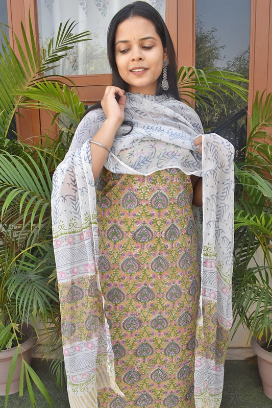 Sanganer Hand Block Printed Cotton unstitched suit fabric with Chiffon dupatta