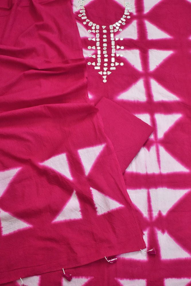 Tie & Dye Clamp Dyed cotton Unstitched Suit with Kutch Mirror work