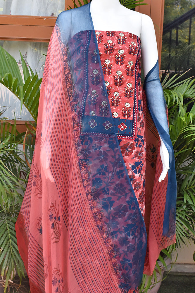 Premium Dabu Ajrakh Cotton Unstitched Suit with Intricate Hand Embroidery, mirror & sequin work & chiffon dupatta