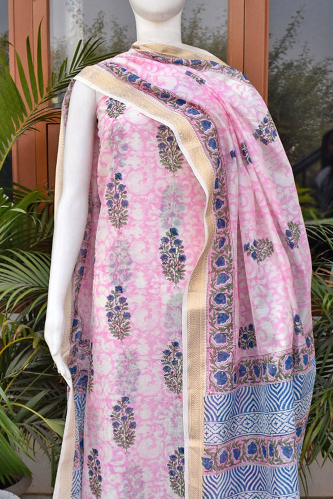Beautiful Hand Block Printed Maheshwari Silk Cotton Unstitched suit fabric - 3 pc set