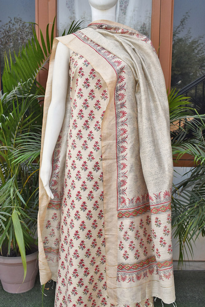 Elegant Hand Block printed Moonga Tussar Silk Kurta Dupatta Set