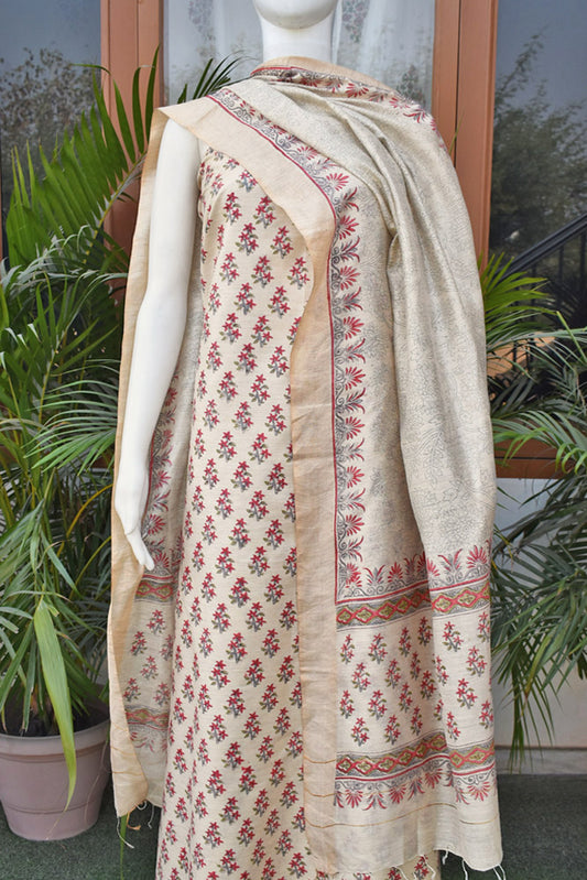 Elegant Hand Block printed Moonga Tussar Silk Kurta Dupatta Set