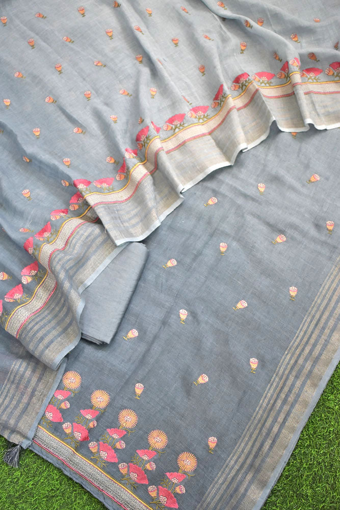 Beautiful Pure Linen suit with intricate embroidery on the kurta & dupatta and cotton silk bottom