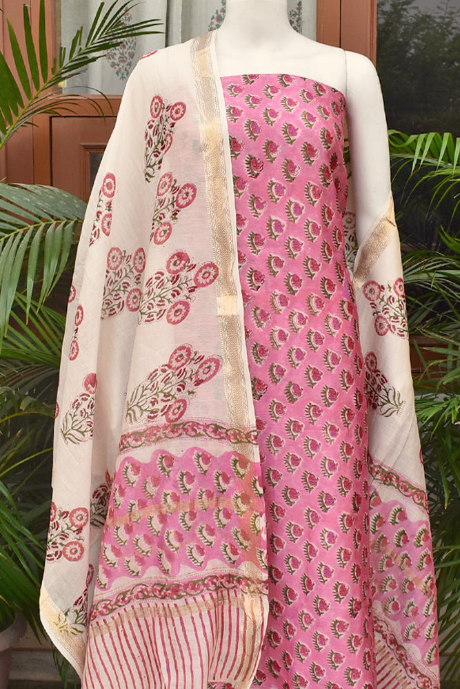Elegant Sanganer Hand Block Printed Maheshwari Unstitched suit fabric