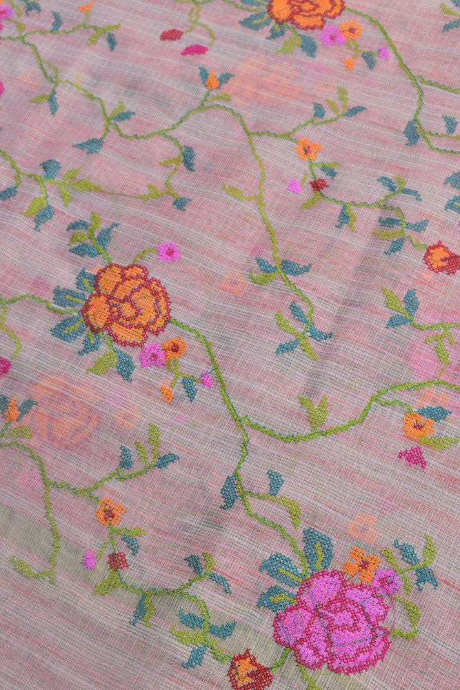 Elegant Kota Tissue dupatta with All over Cross Stitch Embroidery - Peach