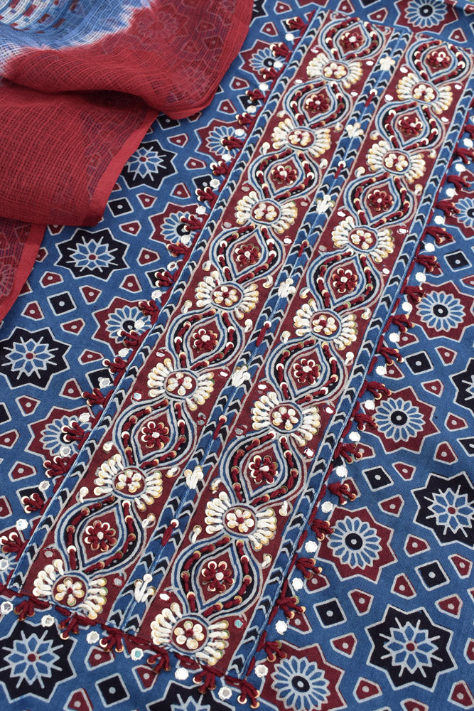 Premium Cotton Unstitched Suit with Ajrakh print, Intricate Hand Embroidery & Block print Kota dupatta
