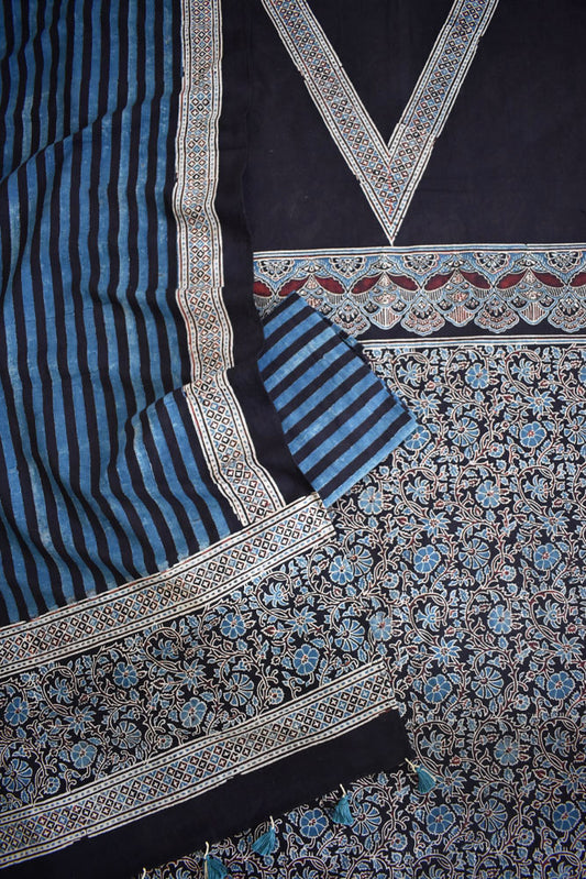 Block Print Ajrakh Cotton Suit with designer Ajrakh neck yoke /panel & Long Stole