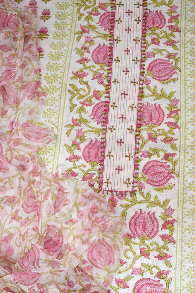 Designer Cotton Unstitched Suit Fabric with Embroidery & Chiffon dupatta