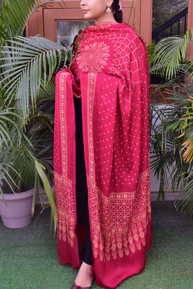 Elegant Modal Silk Dupatta with  Bandhani Print & Foil Mirror Work