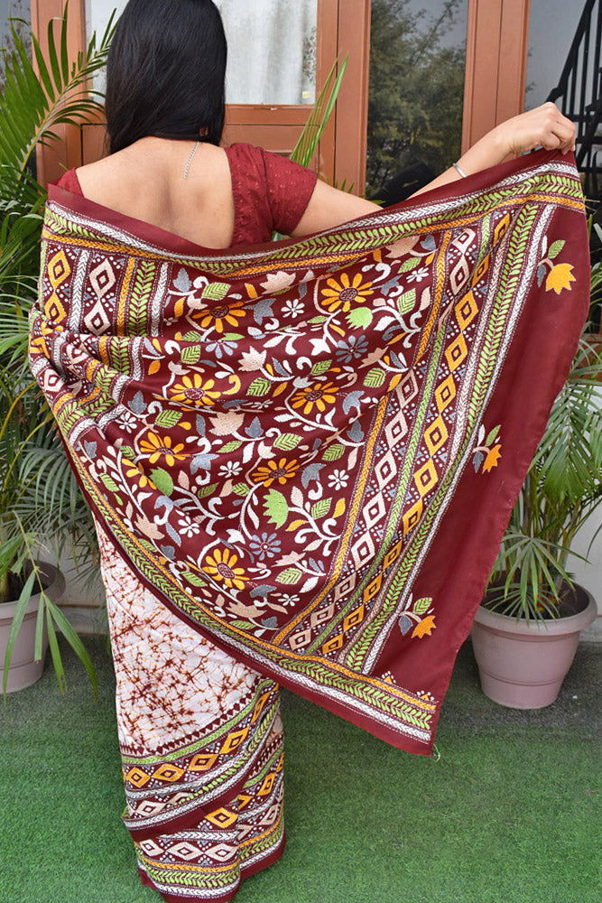 Hand Embroidered Kantha work & Wax Batik Bangalore Pure Silk saree