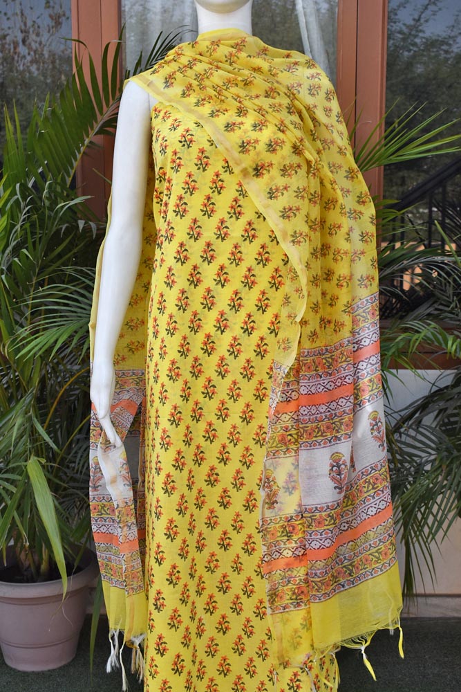 Beautiful Hand Block Printed Cotton unstitched suit fabric with Chanderi Dupatta