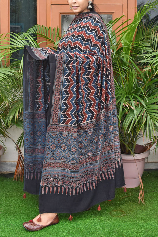 Ajrakh Hand Block Printed Cotton Dupatta with Tassels with natural dyes