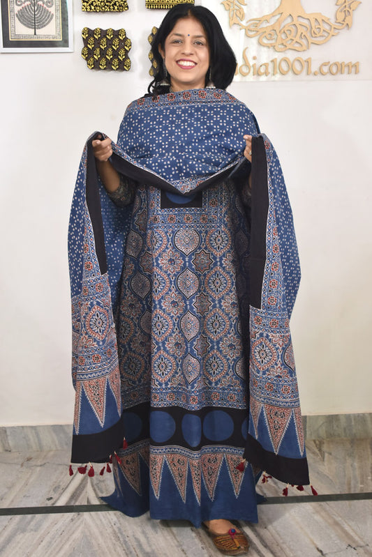 Block Print Ajrakh Cotton Suit with designer Ajrakh neck yoke /panel & Dupatta