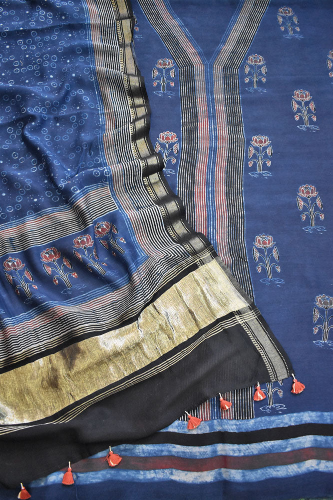 Beautiful Hand Block printed Kutch Ajrakh Chanderi Kurta and Lagdi patta dupatta set