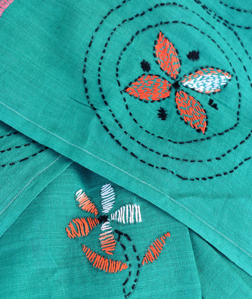Elegant Handwoven Khesh Cotton Saree with Hand Kantha work