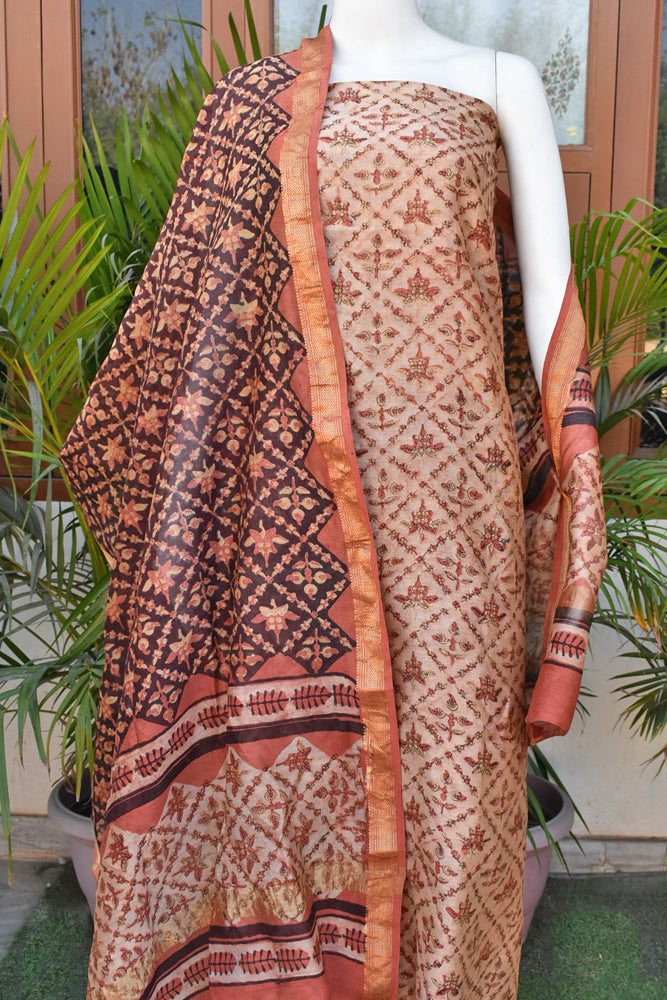 Beautiful Vanaspathi Ajrakh Hand Block Printed Maheshwari Kurta & Dupatta Fabric - 2 pc set
