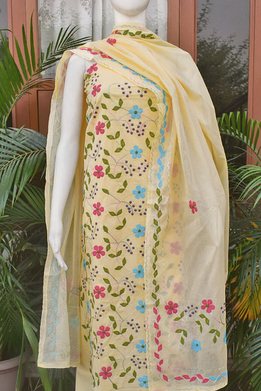 Elegant Cotton Unstitched Suit with Hand done Phool patti work