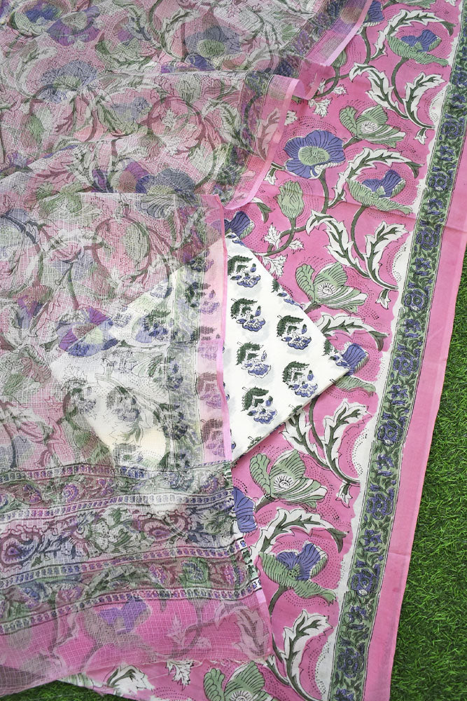 Beautiful Hand Block Printed Cotton unstitched suit fabric with Kota Doria Dupatta