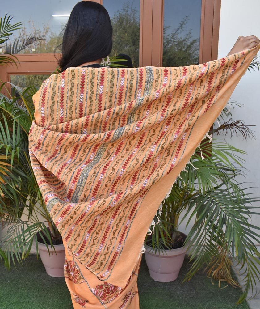 Elegant Handwoven Khesh Cotton Saree with Hand Kantha work