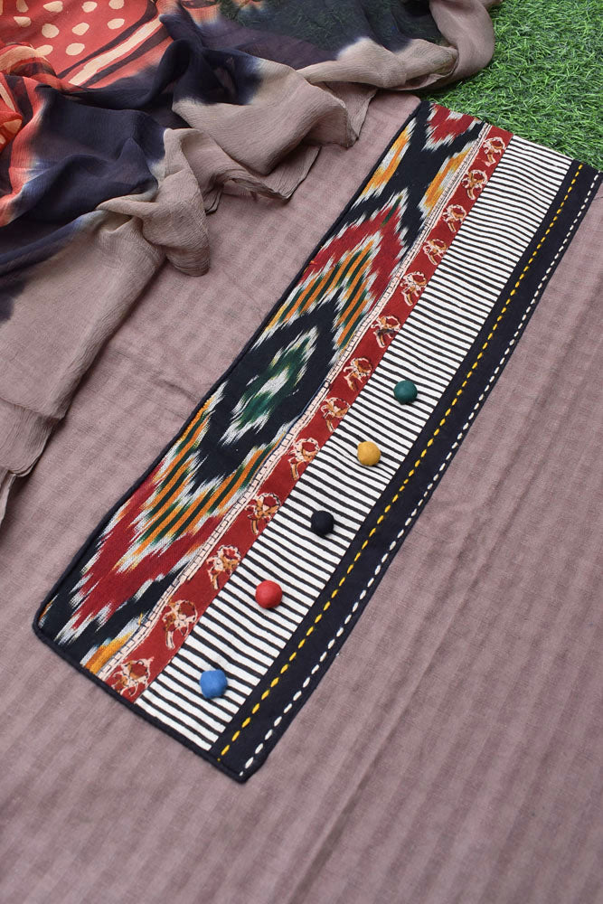 Designer Cotton Unstitched Suit Fabric with Embroidery, ikkat & Block print patch &Chiffon dupatta