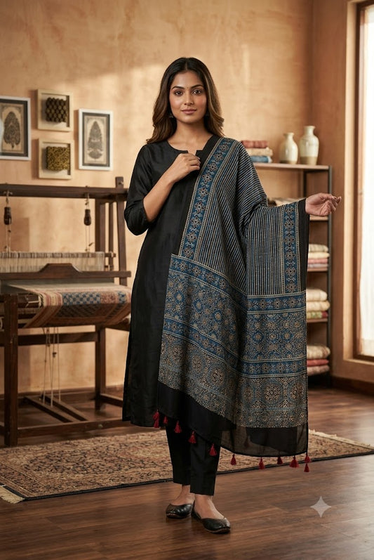 Beautiful Hand Block Printed Ajrakh Modal Silk stole with Tassels