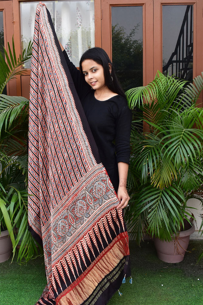 Elegant Modal Silk Ajrakh Block Print Dupatta with zari lagdi patta palla & Tassels