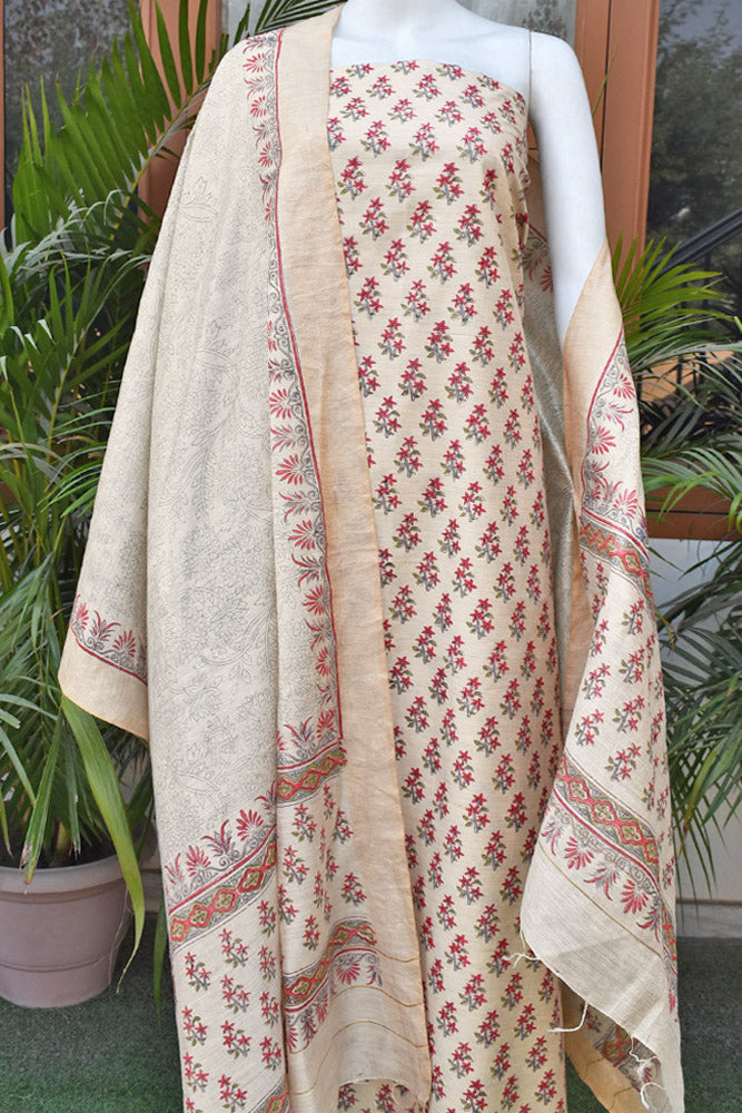 Elegant Hand Block printed Moonga Tussar Silk Kurta Dupatta Set
