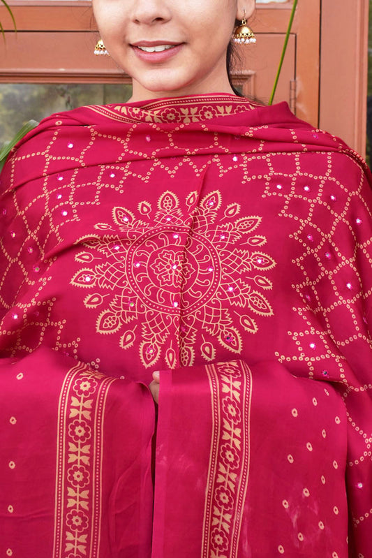 Elegant Modal Silk Dupatta with  Bandhani Print & Foil Mirror Work