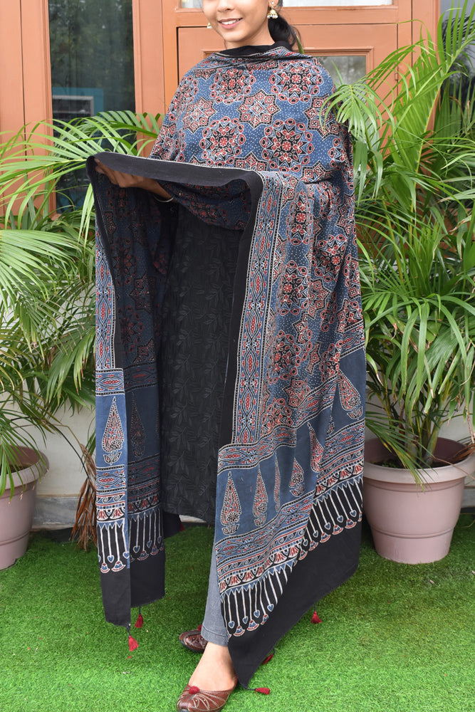 Ajrakh Hand Block Printed Cotton Dupatta with Tassels with natural dyes