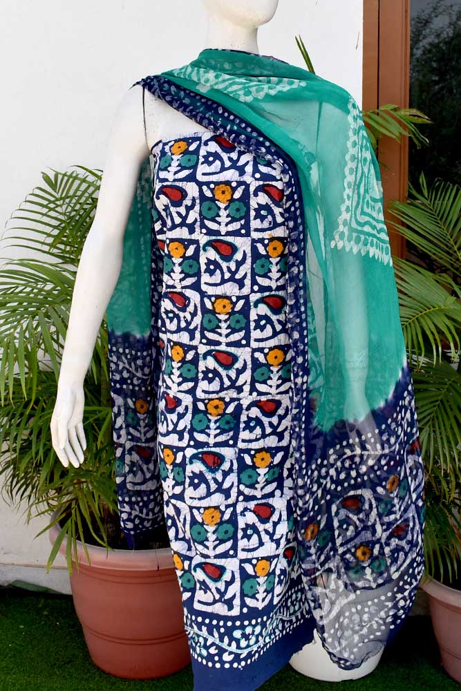 Wax Batik Work Cotton Unstitched Suit Fabric with foil mirror, embroidery & chiffon dupatta