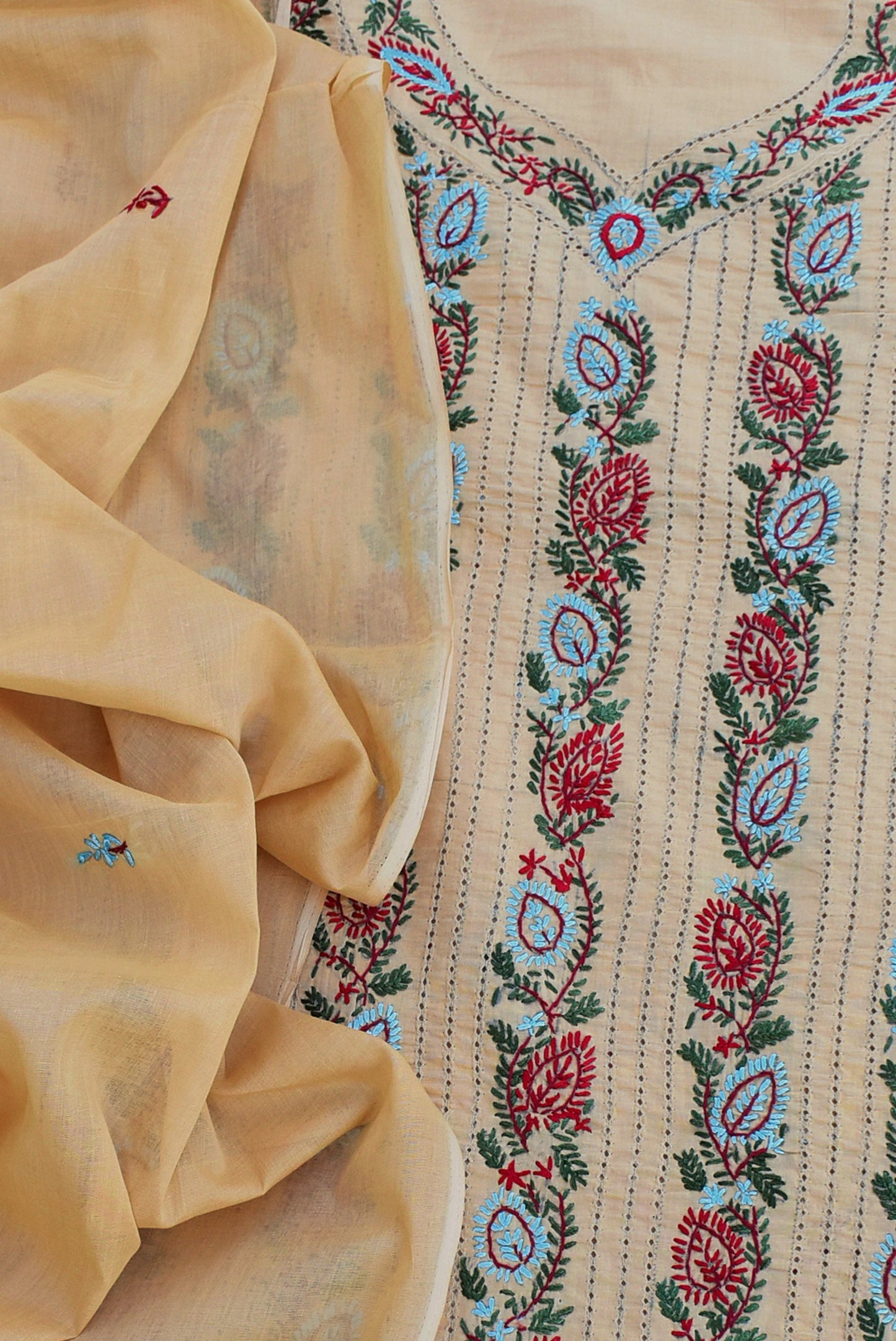 Elegant Intricate Handcrafted cotton unstitched suit fabric with Cutwork & Kashmiri embroidery