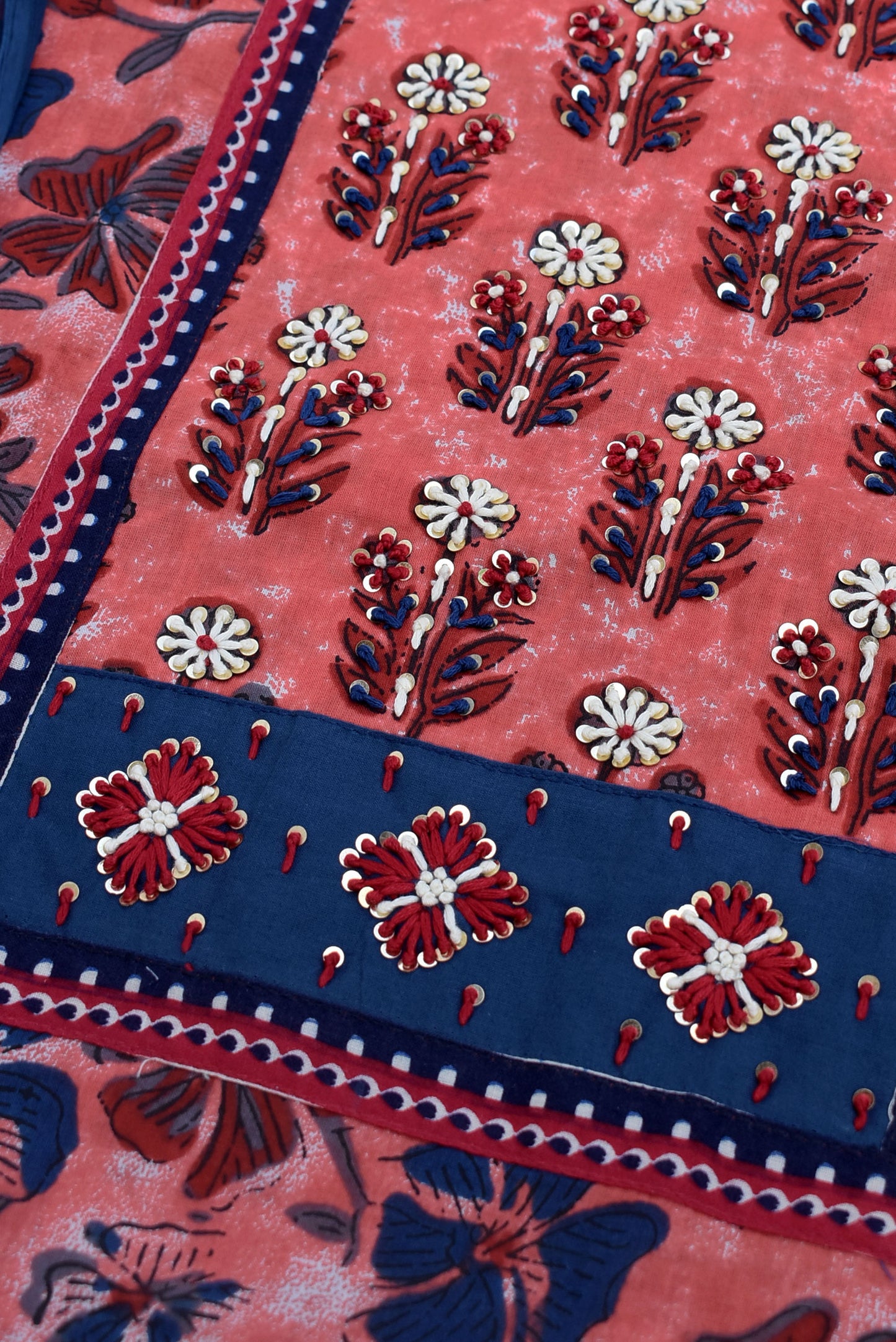 Premium Dabu Ajrakh Cotton Unstitched Suit with Intricate Hand Embroidery, mirror & sequin work & chiffon dupatta