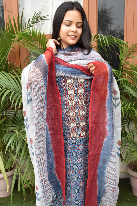 Premium Cotton Unstitched Suit with Ajrakh print, Intricate Hand Embroidery & Block print Kota dupatta