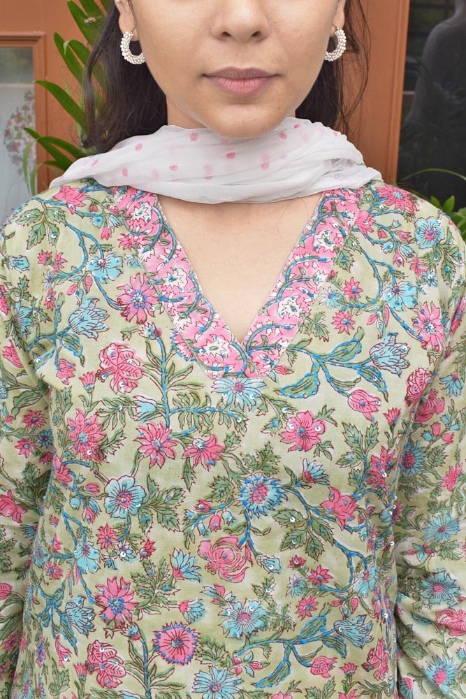 Hand Block Printed Cotton suit with Hand Embroidery - Kurta , Chiffon Dupatta & Pant - size 36, 38, 40, 42, 44