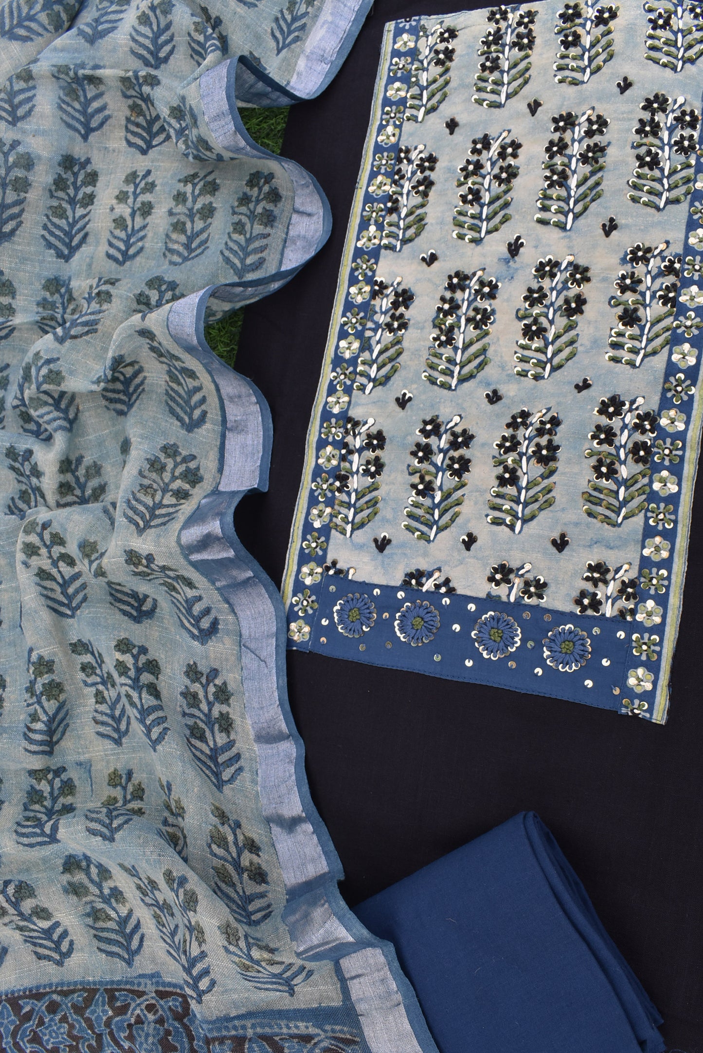 Premium Cotton Unstitched Suit with Vanaspathi Ajrakh patch, Intricate Hand Embroidery & Vanaspathi Ajrakh Cotton Linen dupatta