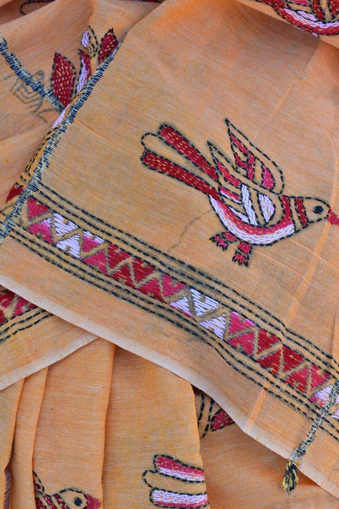 Elegant Handwoven Khesh Cotton Saree with Hand Kantha work