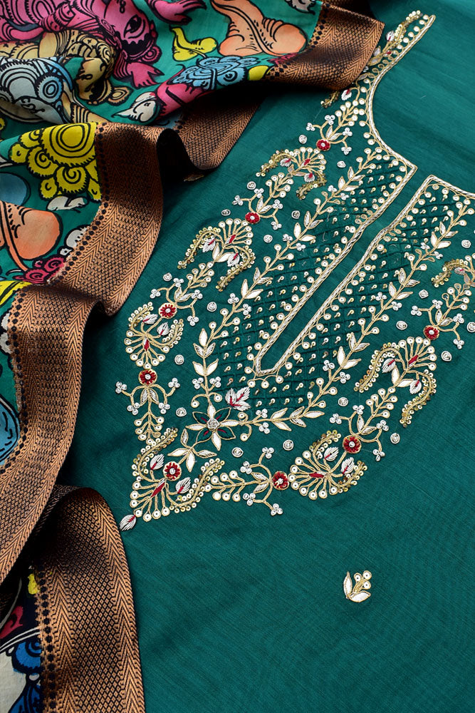 Exclusive Intricate Hand Embroidered Chanderi Kurta fabric & Hand Painted Pen Kalamkari Dupatta with Zari border