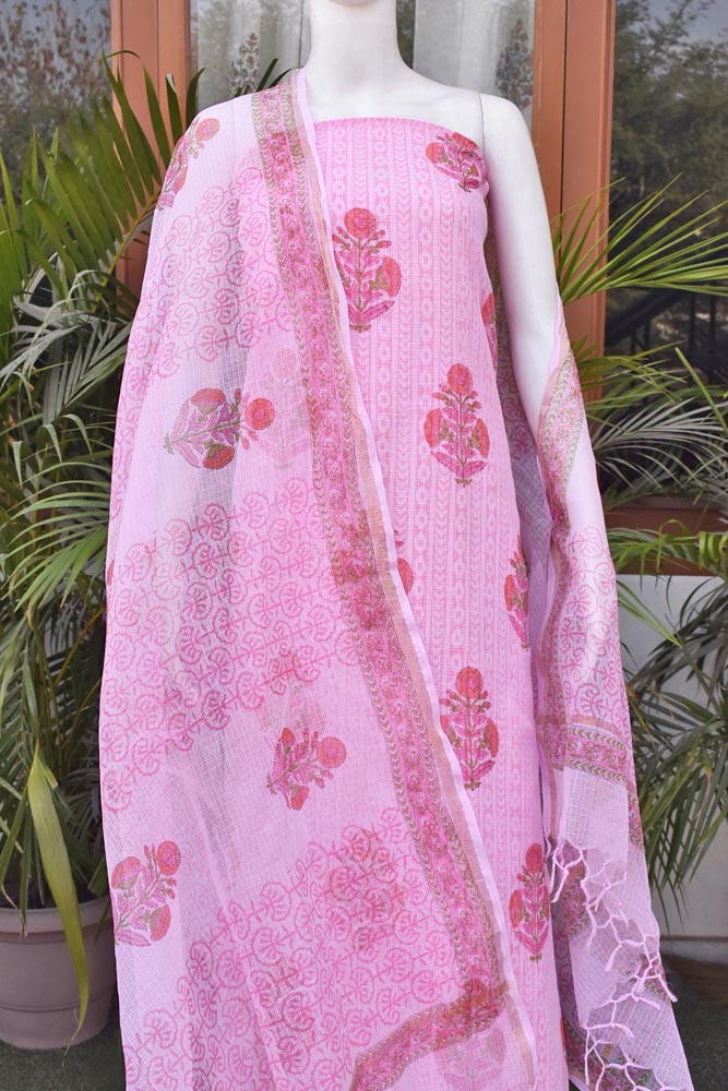 Elegant Sanganer Hand Block Printed Kota cotton Unstitched suit with Cotton Lining & bottom - 4 pc set